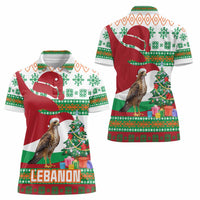 Lebanon Christmas Women Polo Shirt with Falcon, Holiday Tree, and Red Green Snowflake Pattern - Wonder Print Shop