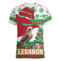 Lebanon Christmas Women V-Neck T-Shirt with Falcon, Holiday Tree, and Red Green Snowflake Pattern - Wonder Print Shop