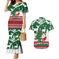 Lebanon Christmas Couples Matching Mermaid Dress and Hawaiian Shirt with Santa Claus Reindeer Trees and Festive Knit Pattern - Wonder Print Shop