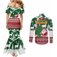 Lebanon Christmas Couples Matching Mermaid Dress and Long Sleeve Button Shirt with Santa Claus Reindeer Trees and Festive Knit Pattern - Wonder Print Shop