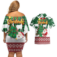 Lebanon Christmas Couples Matching Off Shoulder Short Dress and Hawaiian Shirt with Santa Claus Reindeer Trees and Festive Knit Pattern - Wonder Print Shop