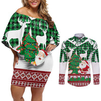 Lebanon Christmas Couples Matching Off Shoulder Short Dress and Long Sleeve Button Shirt with Santa Claus Reindeer Trees and Festive Knit Pattern - Wonder Print Shop
