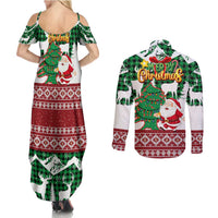 Lebanon Christmas Couples Matching Summer Maxi Dress and Long Sleeve Button Shirt with Santa Claus Reindeer Trees and Festive Knit Pattern - Wonder Print Shop