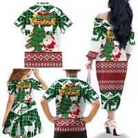 Lebanon Christmas Family Matching Off The Shoulder Long Sleeve Dress and Hawaiian Shirt with Santa Claus Reindeer Trees and Festive Knit Pattern - Wonder Print Shop