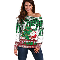 Lebanon Christmas Off Shoulder Sweater with Santa Claus Reindeer Trees and Festive Knit Pattern - Wonder Print Shop