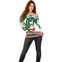 Lebanon Christmas Off Shoulder Sweater with Santa Claus Reindeer Trees and Festive Knit Pattern - Wonder Print Shop