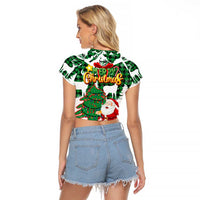 Lebanon Christmas Raglan Cropped T Shirt with Santa Claus Reindeer Trees and Festive Knit Pattern - Wonder Print Shop