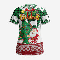 Lebanon Christmas Scrub Top with Santa Claus Reindeer Trees and Festive Knit Pattern - Wonder Print Shop