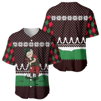 Christmas Golf Baseball Jersey with Elf Golfer Argyle Plaid and Snowflake Pattern - Wonder Print Shop