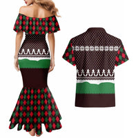 Christmas Golf Couples Matching Mermaid Dress and Hawaiian Shirt with Elf Golfer Argyle Plaid and Snowflake Pattern - Wonder Print Shop