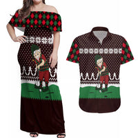 Christmas Golf Couples Matching Off Shoulder Maxi Dress and Hawaiian Shirt with Elf Golfer Argyle Plaid and Snowflake Pattern - Wonder Print Shop