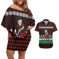 Christmas Golf Couples Matching Off Shoulder Short Dress and Hawaiian Shirt with Elf Golfer Argyle Plaid and Snowflake Pattern - Wonder Print Shop