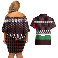 Christmas Golf Couples Matching Off Shoulder Short Dress and Hawaiian Shirt with Elf Golfer Argyle Plaid and Snowflake Pattern - Wonder Print Shop
