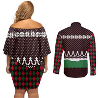 Christmas Golf Couples Matching Off Shoulder Short Dress and Long Sleeve Button Shirt with Elf Golfer Argyle Plaid and Snowflake Pattern - Wonder Print Shop