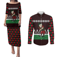 Christmas Golf Couples Matching Puletasi and Long Sleeve Button Shirt with Elf Golfer Argyle Plaid and Snowflake Pattern - Wonder Print Shop