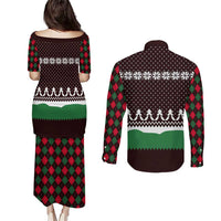 Christmas Golf Couples Matching Puletasi and Long Sleeve Button Shirt with Elf Golfer Argyle Plaid and Snowflake Pattern - Wonder Print Shop