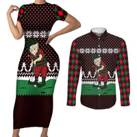 Christmas Golf Couples Matching Short Sleeve Bodycon Dress and Long Sleeve Button Shirt with Elf Golfer Argyle Plaid and Snowflake Pattern - Wonder Print Shop