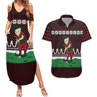Christmas Golf Couples Matching Summer Maxi Dress and Hawaiian Shirt with Elf Golfer Argyle Plaid and Snowflake Pattern - Wonder Print Shop