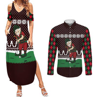 Christmas Golf Couples Matching Summer Maxi Dress and Long Sleeve Button Shirt with Elf Golfer Argyle Plaid and Snowflake Pattern - Wonder Print Shop