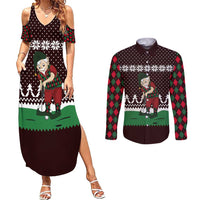 Christmas Golf Couples Matching Summer Maxi Dress and Long Sleeve Button Shirt with Elf Golfer Argyle Plaid and Snowflake Pattern - Wonder Print Shop