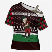Christmas Golf Cross Shoulder Shirt with Elf Golfer Argyle Plaid and Snowflake Pattern - Wonder Print Shop