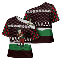 Christmas Golf Cross Shoulder Shirt with Elf Golfer Argyle Plaid and Snowflake Pattern - Wonder Print Shop