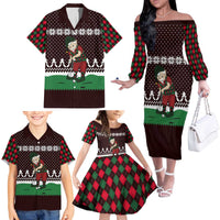 Christmas Golf Family Matching Off The Shoulder Long Sleeve Dress and Hawaiian Shirt with Elf Golfer Argyle Plaid and Snowflake Pattern - Wonder Print Shop