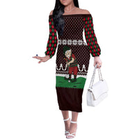 Christmas Golf Family Matching Off The Shoulder Long Sleeve Dress and Hawaiian Shirt with Elf Golfer Argyle Plaid and Snowflake Pattern - Wonder Print Shop
