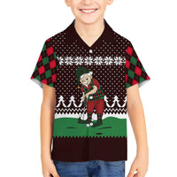 Christmas Golf Family Matching Off The Shoulder Long Sleeve Dress and Hawaiian Shirt with Elf Golfer Argyle Plaid and Snowflake Pattern - Wonder Print Shop
