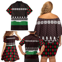 Christmas Golf Family Matching Off Shoulder Short Dress and Hawaiian Shirt with Elf Golfer Argyle Plaid and Snowflake Pattern - Wonder Print Shop