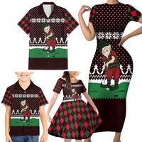 Christmas Golf Family Matching Short Sleeve Bodycon Dress and Hawaiian Shirt with Elf Golfer Argyle Plaid and Snowflake Pattern - Wonder Print Shop