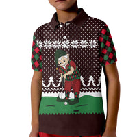 Christmas Golf Kid Polo Shirt with Elf Golfer Argyle Plaid and Snowflake Pattern - Wonder Print Shop