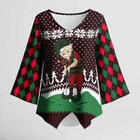 Christmas Golf Kimono Sleeve Blouse with Elf Golfer Argyle Plaid and Snowflake Pattern - Wonder Print Shop