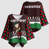 Christmas Golf Kimono Sleeve Blouse with Elf Golfer Argyle Plaid and Snowflake Pattern - Wonder Print Shop