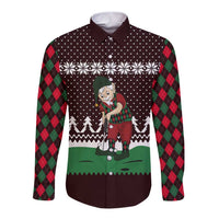 Christmas Golf Long Sleeve Button Shirt with Elf Golfer Argyle Plaid and Snowflake Pattern - Wonder Print Shop