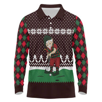 Christmas Golf Long Sleeve Polo Shirt with Elf Golfer Argyle Plaid and Snowflake Pattern - Wonder Print Shop