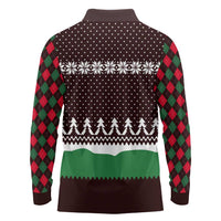 Christmas Golf Long Sleeve Polo Shirt with Elf Golfer Argyle Plaid and Snowflake Pattern - Wonder Print Shop