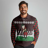 Christmas Golf Long Sleeve Polo Shirt with Elf Golfer Argyle Plaid and Snowflake Pattern - Wonder Print Shop
