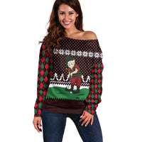 Christmas Golf Off Shoulder Sweater with Elf Golfer Argyle Plaid and Snowflake Pattern - Wonder Print Shop