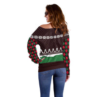 Christmas Golf Off Shoulder Sweater with Elf Golfer Argyle Plaid and Snowflake Pattern - Wonder Print Shop