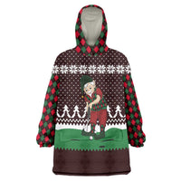 Christmas Golf Wearable Blanket Hoodie with Elf Golfer Argyle Plaid and Snowflake Pattern - Wonder Print Shop