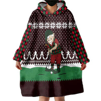 Christmas Golf Wearable Blanket Hoodie with Elf Golfer Argyle Plaid and Snowflake Pattern - Wonder Print Shop