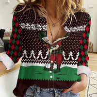 Christmas Golf Women Casual Shirt with Elf Golfer Argyle Plaid and Snowflake Pattern - Wonder Print Shop
