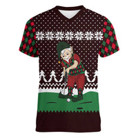 Christmas Golf Women V-Neck T-Shirt with Elf Golfer Argyle Plaid and Snowflake Pattern - Wonder Print Shop