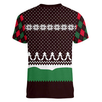 Christmas Golf Women V-Neck T-Shirt with Elf Golfer Argyle Plaid and Snowflake Pattern - Wonder Print Shop