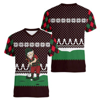Christmas Golf Women V-Neck T-Shirt with Elf Golfer Argyle Plaid and Snowflake Pattern - Wonder Print Shop