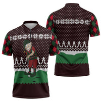 Christmas Golf Zipper Polo Shirt with Elf Golfer Argyle Plaid and Snowflake Pattern - Wonder Print Shop
