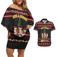 Guinea Pig Christmas Couples Matching Off Shoulder Short Dress and Hawaiian Shirt with Santa Hats Tree and Festive Gift Pattern - Wonder Print Shop