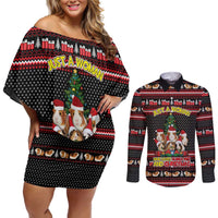 Guinea Pig Christmas Couples Matching Off Shoulder Short Dress and Long Sleeve Button Shirt with Santa Hats Tree and Festive Gift Pattern - Wonder Print Shop