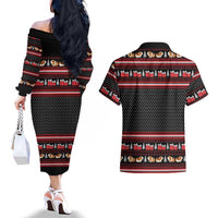 Guinea Pig Christmas Couples Matching Off The Shoulder Long Sleeve Dress and Hawaiian Shirt with Santa Hats Tree and Festive Gift Pattern - Wonder Print Shop